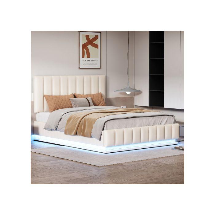 Łóżko - MUVOE - 140 x 200 cm - Tapicerowane - LED - Pojemnik na pościel