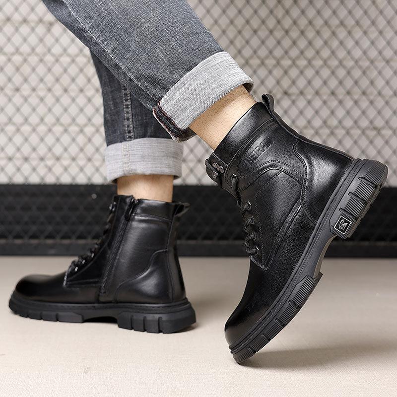 First layer cowhide Martin boots men's trendy tooling leather winter velvet warm leather boots men's casual high-top men's shoes