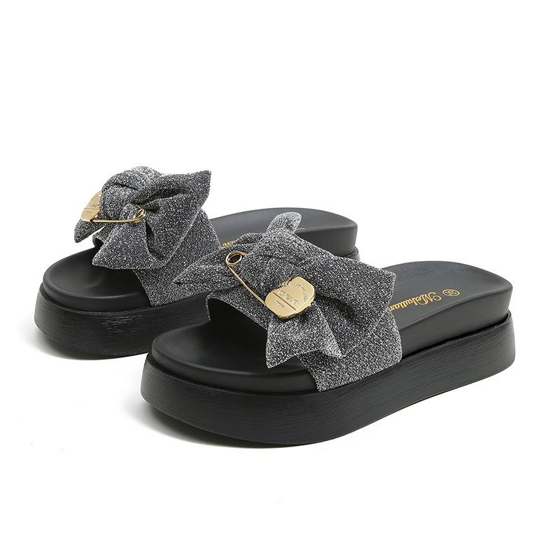 Bow-tie Cool Slippers Women's Summer 2025 New Fashion Outer Wear Versatile Large Size 41-43 Platform Beach Shoes Ins Tide