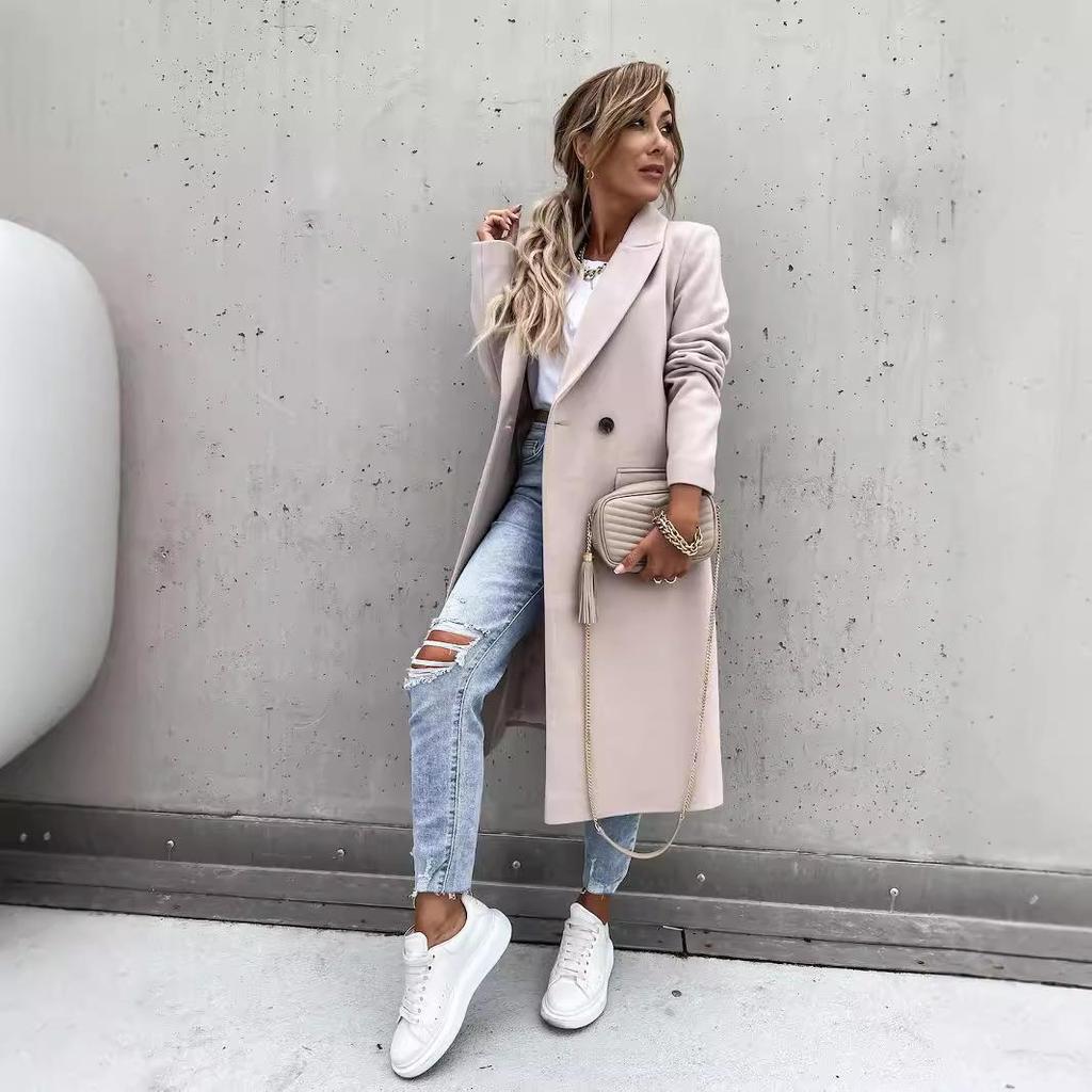 Women's Long Double Breasted Blazer Coat In Beige, Light Gray, Black & Off White with Notched Lapel