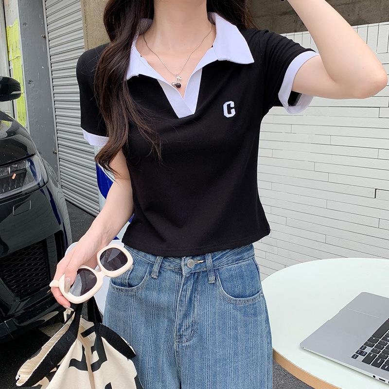 

Plus Size Women s Short Sleeve V-Neck Polo Shirt - Summer 2025 Tummy-Covering Slimming Top 2XL [Recommended for 120-130 jin] чорний