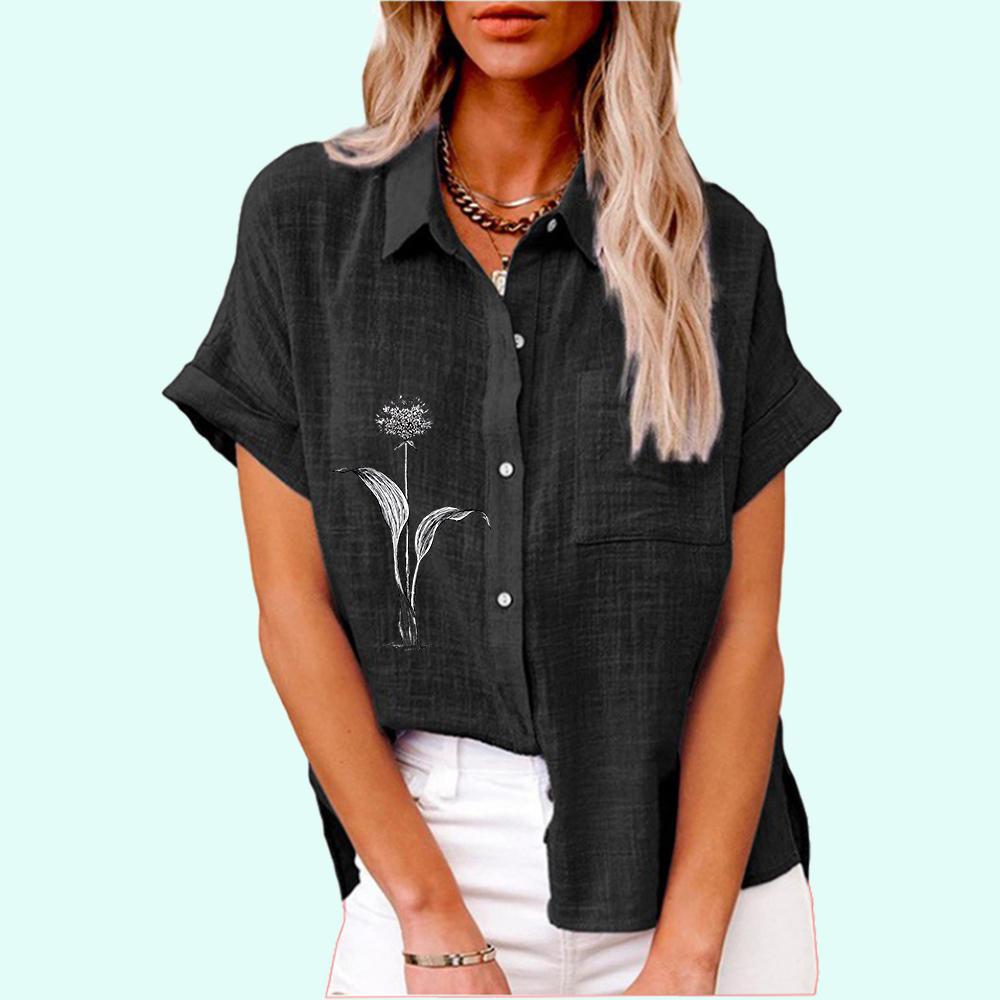 Ženy Móda Květinový potisk Tričko Léto Ležérní Top s klopou Krk s kapsou Podzim Tričko Volný Krátký rukáv Dámské Ležérní Lněné halenky