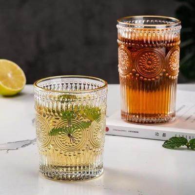 1pcs Golden Edge Sunflower Cup Embossed Glass Cup Water Cup Summer Ins Style Juice Drink Coffee Beer Mug Transparent Water Cup