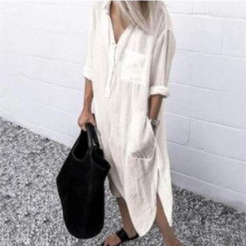 

Платье на пуговицах в стиле бохо для женщин больших размеров - летняя туника из хлопковой смеси с V-образным вырезом и закатанными рукавами 2024 года, длина миди для пляжного и уличного использования 4XL бежевый