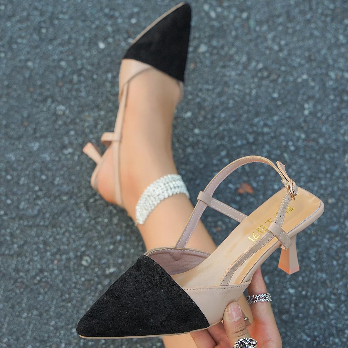 

2025 new fashionable versatile pointed high-heeled sandals one-word buckle with bag head and empty sandals fashion sandals 40