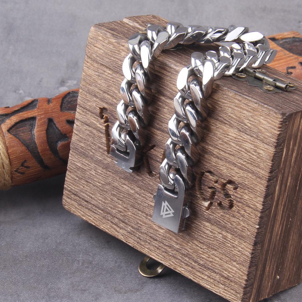 Never Fade Stainless Steel Vikings Bracelets For Men Blank Color Punk Curb Cuban Link Chain Bracelets with Gift Wooden Box
