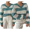 New Autumn/Winter Relaxed-Style Knitwear: Loose-Fitting, Fashionable Women’s V-neck Retro Colour-Blocked Striped Jumper