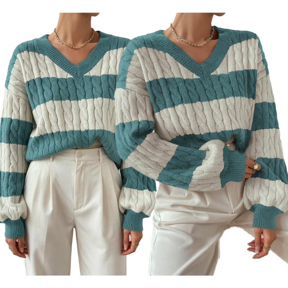 New Autumn/Winter Relaxed-Style Knitwear: Loose-Fitting, Fashionable Women’s V-neck Retro Colour-Blocked Striped Jumper