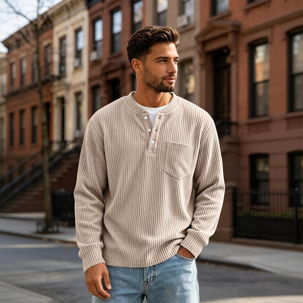 Herren Langarm T-Shirt mit Knopfleiste und Tasche für Freizeit und Sport
