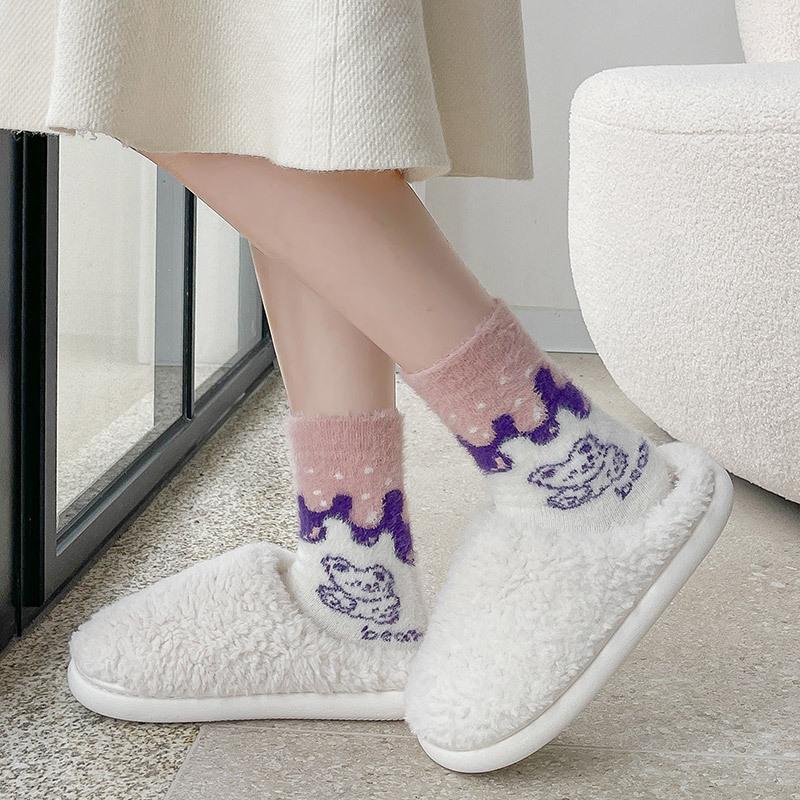 Cartoon Cute Socks Women'S Warm Mink Velvet Medium Tube Socks Autumn And Winter Fluffy Thickened Japanese Stacking Socks Women'S Socks Long