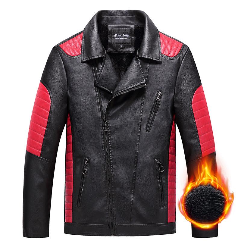 Leather Jacket Men's Slim Pu Leather Jacket Fashion Motorcycle Leather Jacket Plus Velvet Casual Thickened Men's Lapel Contrast Color Leather Jacket