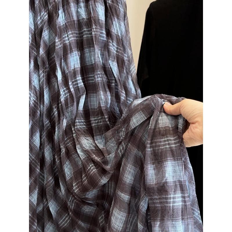 Blue Brown Plaid Tulle Pleated Plaid Midi Skirt Women A-line Irregular Midi Skirt for Winter Vintage Personality