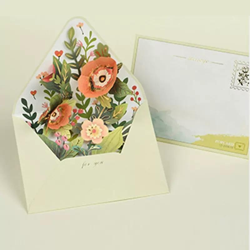 3D Pop-up Flowers Postcard with Envelope Romantic Flower Birthday Christmas Card Paper Greeting Cards Blessing Message Card