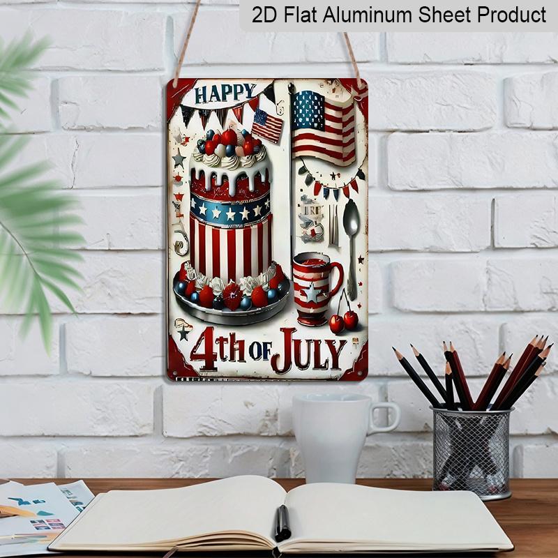2D Flat 4th of July Aluminium Sign Vintage Independence Day Celebration Metal Sign Print Aesthetic Room Decoration for Home Bedroom Kitchen Bar
