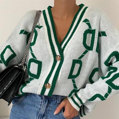 Dámský podzimní zimní vintage volný top s dlouhým rukávem, vícebarevný kardigan, pletenina, výstřih do V, jednořadé zapínání na přezku, svetr-bunda