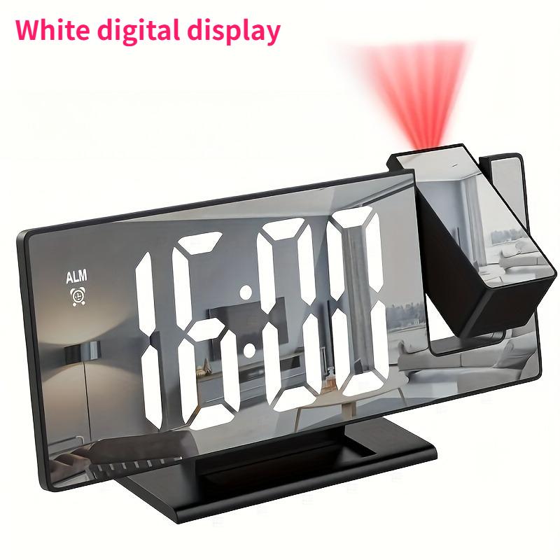 180° Adjustable LED Projection Alarm Clock with Snooze 12/24H Temperature Display and Mirror Design USB Powered for Bedroom Home