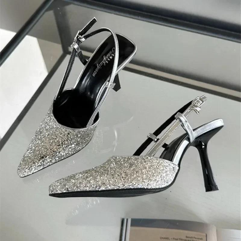 Fashion 2025 Luxury Bling Design Mules Sandals Women Sexy Pointed Toe Thin High Heels Summer Back Strap Banquet Dress Shoes Women Pums