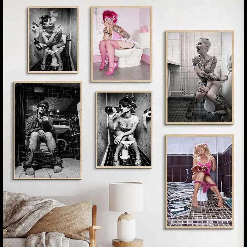Modern Black and White Canvas Print Sexy Woman Man In Bar Smoking Drinking Art for Bathroom Wall