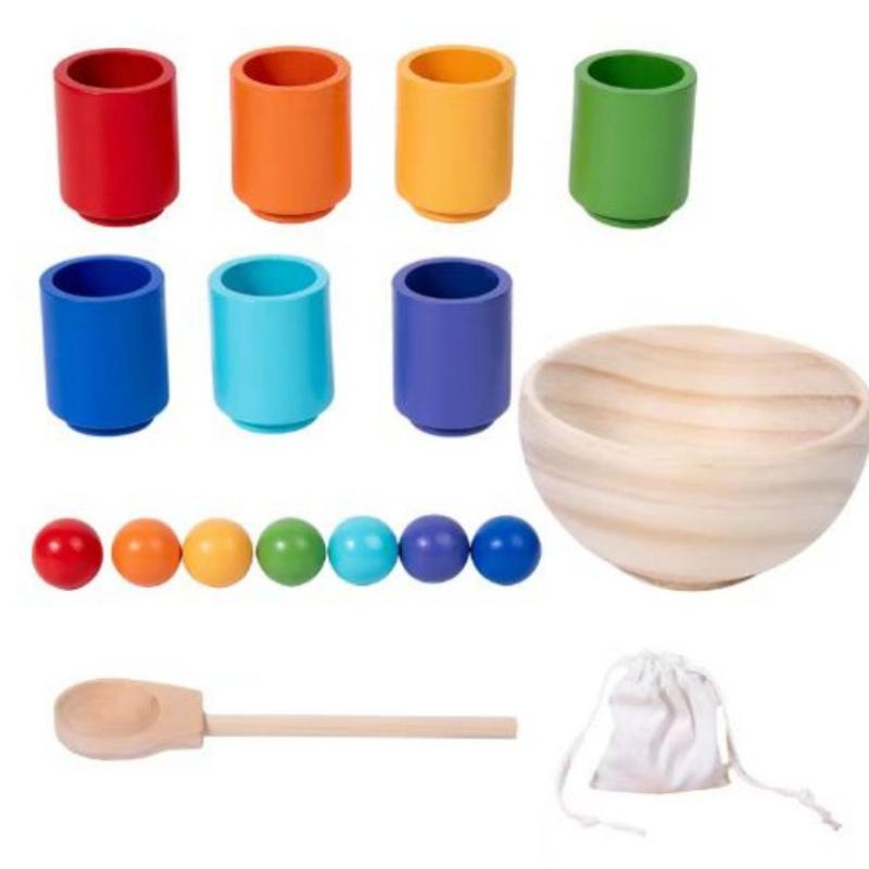 Early Education Wooden Set, 12 Colors, Ball and Cup, Color Classification, Bead Clamping, Color Recognition Matching, Educational Toy