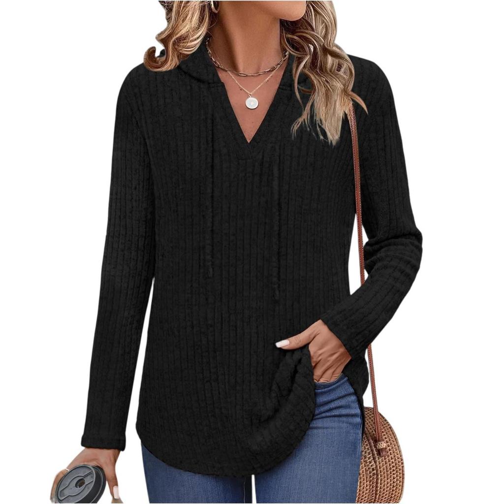 2025 Autumn/Winter Women's Plus Size V-Neck Hooded Ribbed Long Sleeve Loose T-Shirt