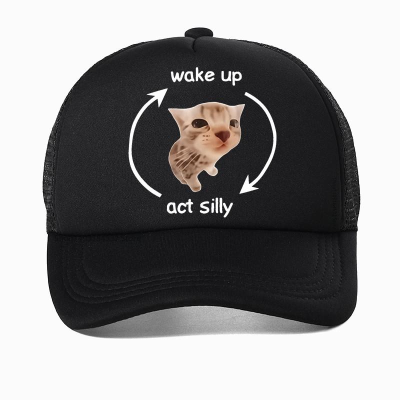 Funny Wake Up Act Silly Cat Print Graphic Baseball Cap Hip Hop Summer Mesh Breathable Trucker Hat Casual Fashion