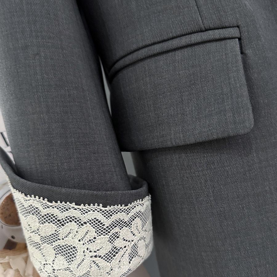 Veste de tailleur grise pour femme de haute qualité avec manchette en dentelle, Printemps/Automne 2025, Style Célébrité Internet
