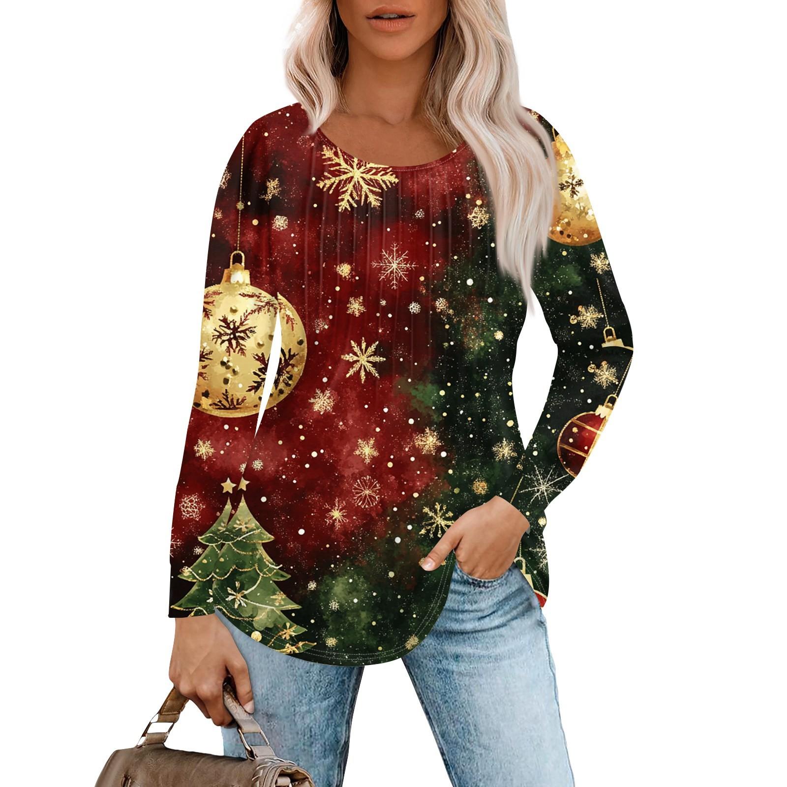 

Женская повседневная футболка с круглым вырезом и длинными рукавами с рождественским принтом и складками XL
