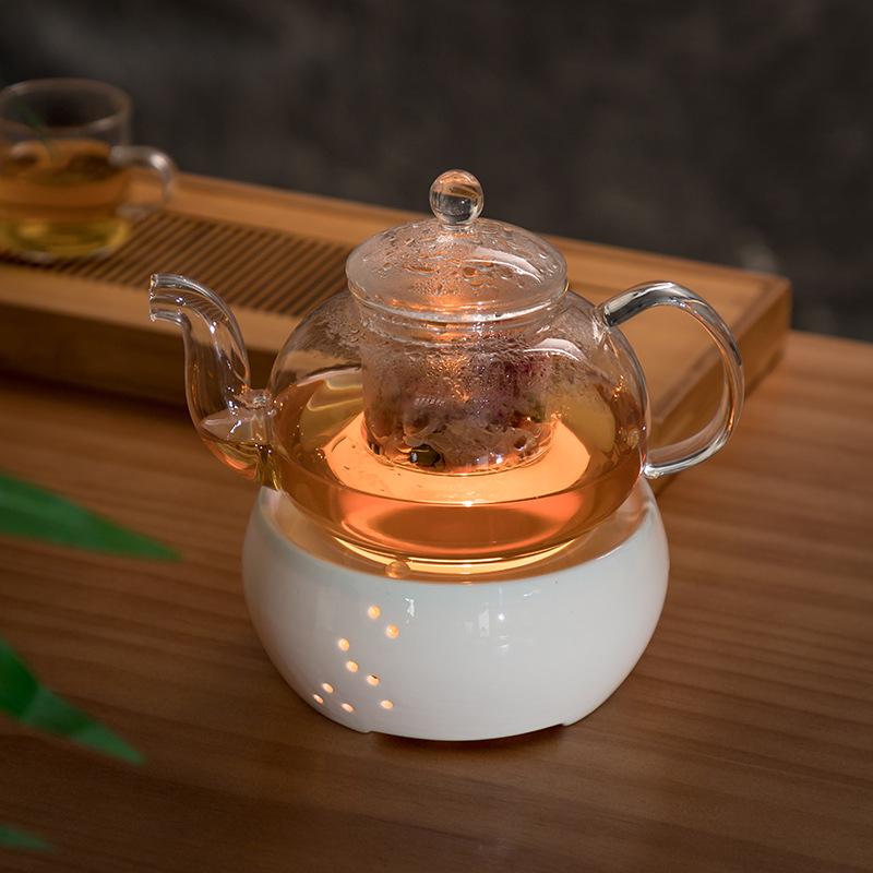 Heat-Resistant Glass Tea Kettle with Candle Warmer Base - Flower Tea Brewer & Filter Pot