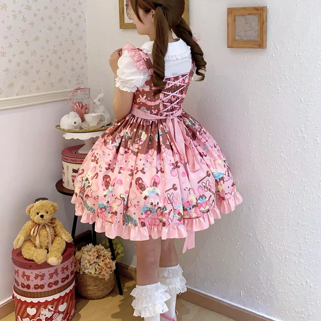 Teeparty Mädchen Lolita Kleid Jsk Täglich Süß Cartoon Druck Rüschen Hohe Taille Lolita Kleid für Damen Sommerkleid