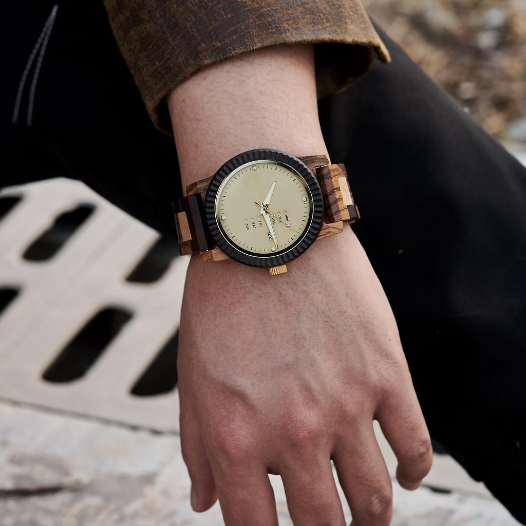 BOBO BIRD Wooden Watch Analog Quartz Day Calendar Display Lightweight Handmade Wooden Wristwatch Men's Men's (Beige)