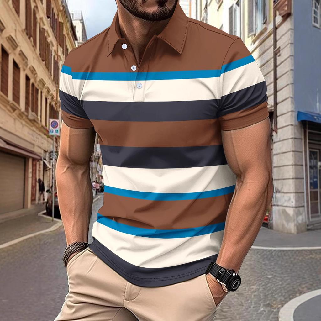 New Men's Casual Polo Shirt with V-Neck and Button Placket Versatile Business-Striped T-Shirt Top