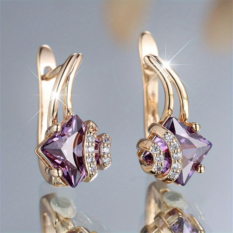 1 Pair Golden Color Square Cut Purple Stone Drop Earrings Valentine's Day Jewelry Gifts