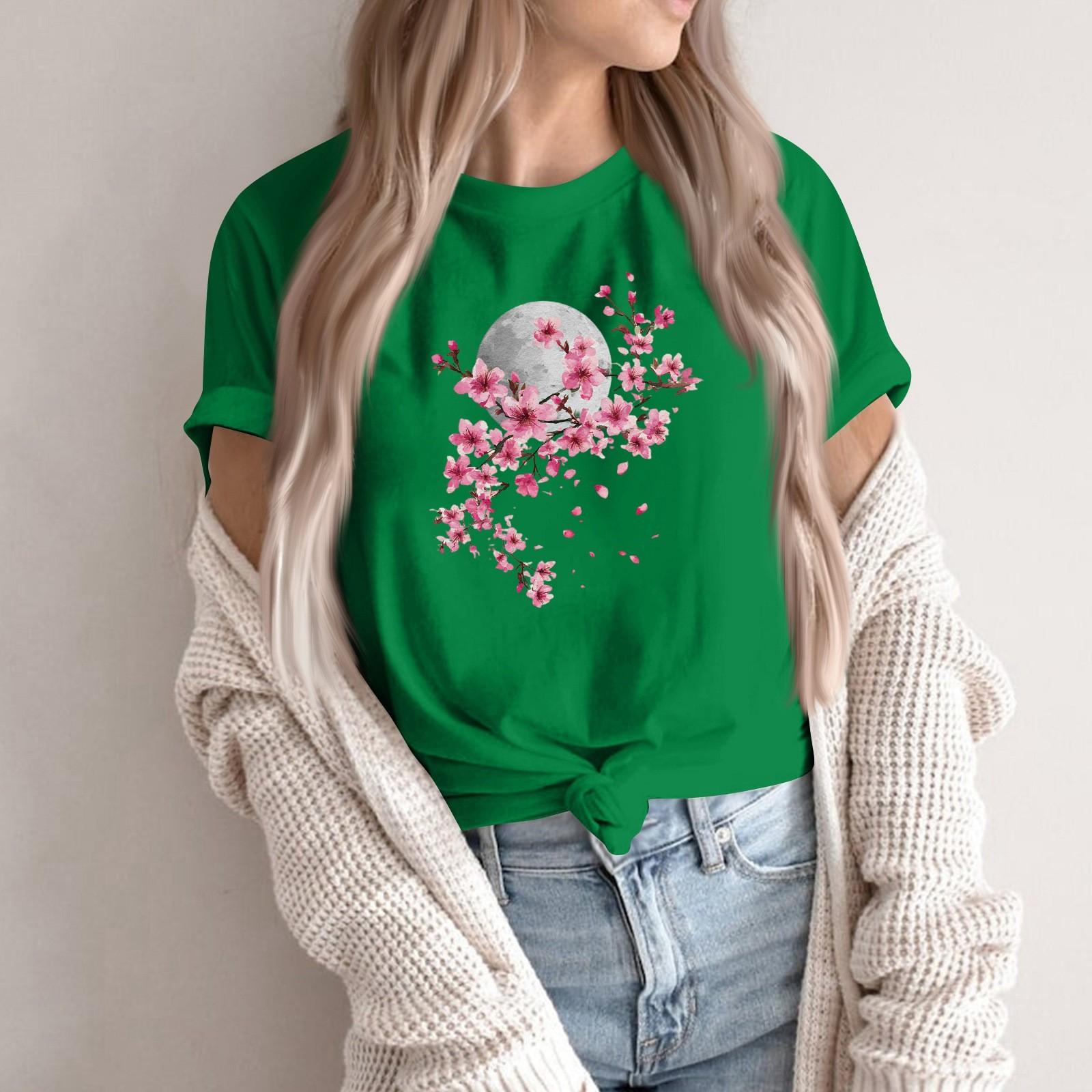 

Women s Fashion Casual Printed Round Neck Short Sleeved Pullover T-Shirt Top L зелений