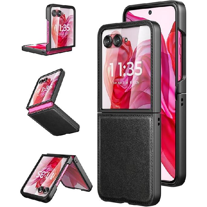 Foluu for Motorola Razr+ (Plus) 2024 Case, with Front Built-in Screen Protector, PU Leather + Hard PC Shell Ultra Thin Slim Durable Protective Phone