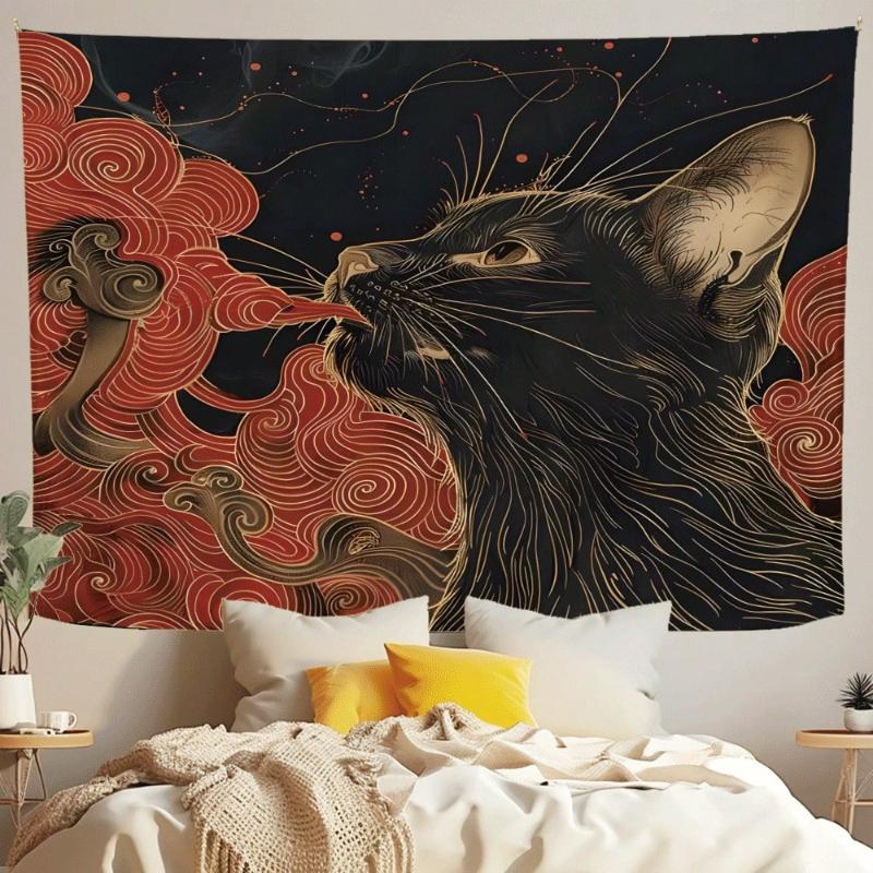 1 Pc Asian Ukiyo Art Japanese Cat Swallowing Clouds Wave Fabric Fun Tapestry Wall Hanging with Accessories, Home Dormitory Bedroom Wall Decor