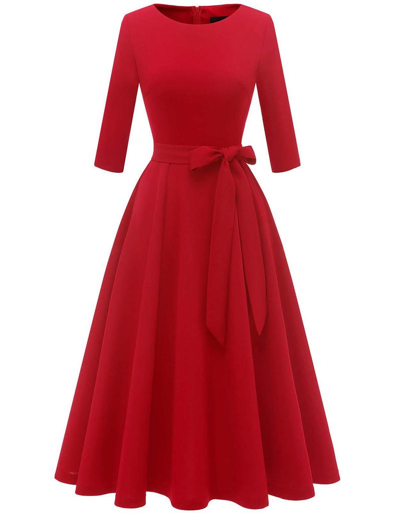 Garden Collar Seven-Sleeve Women's Evening Gown with Wide Hem Skirt - Solid Color Vacation Dress