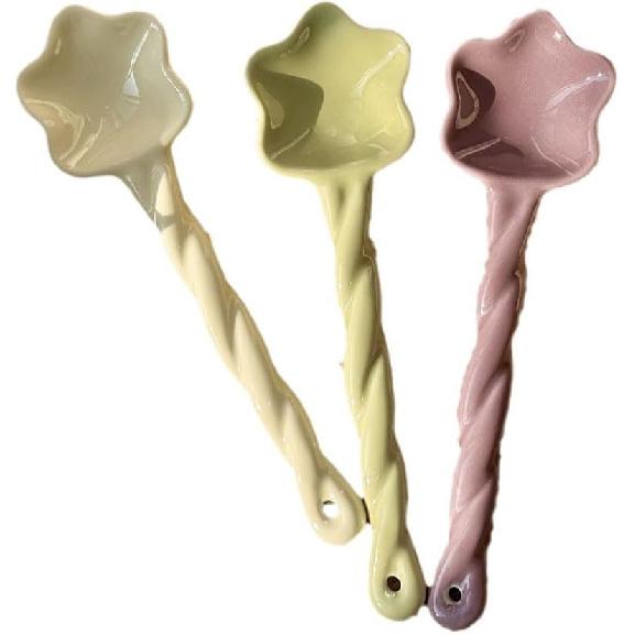 3pcs Ceramic Soup Spoons Cute Serving Spoons with Long Handle Star Pattern Tablespoons for Desserts Yogurt Appetizers Soup Coffee (Yellow, Purple,