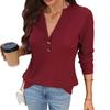 New Autumn-winter Pure Color V-neck Button-up Loose-fitting Long-sleeved T-shirt for Women