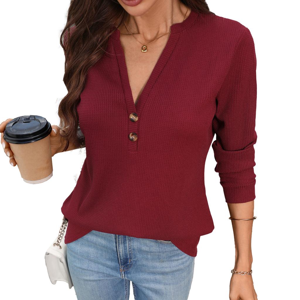 New Autumn-winter Pure Color V-neck Button-up Loose-fitting Long-sleeved T-shirt for Women