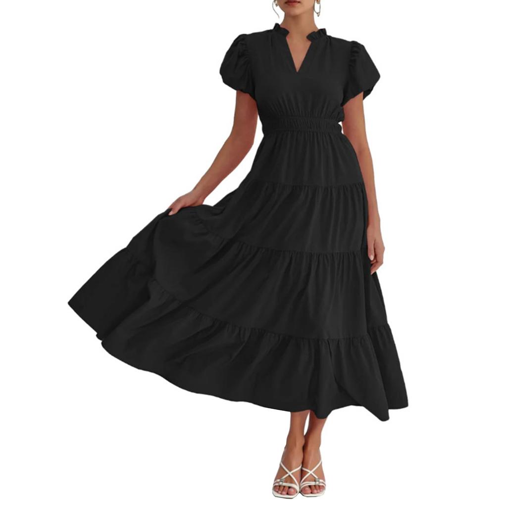 Women’s Casual V Neck Short Sleeve Tiered Maxi Dress with Puff Sleeves and Flowy Layered Skirt for Daily Wear