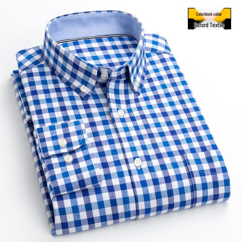 Men's Long Sleeve Washed Cotton Oxford Shirt - Slim Fit, Plaid, Iron-Free Stripes, Casual Style