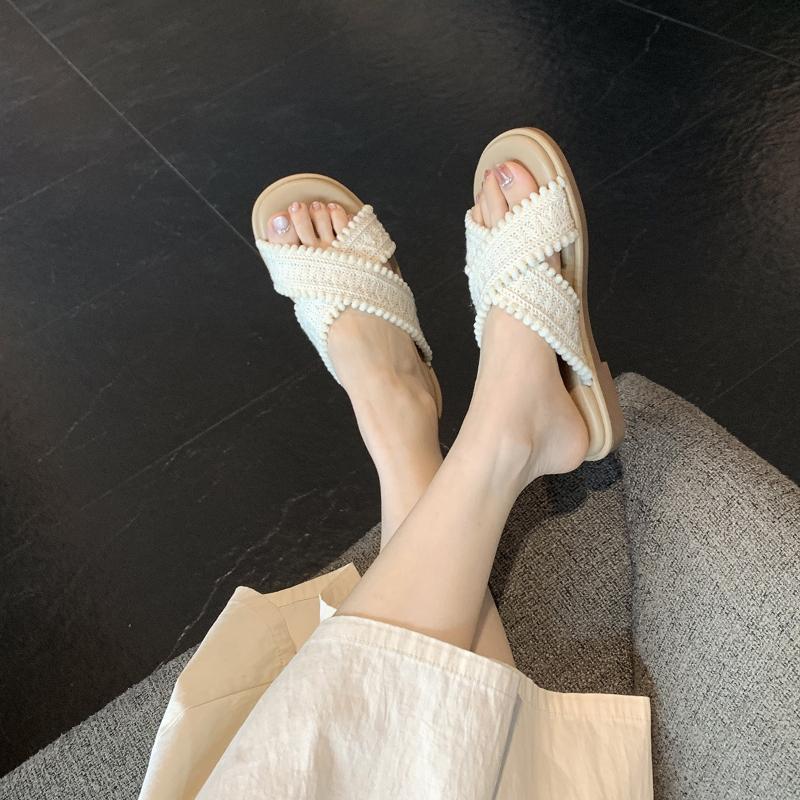 

Fashion 2025 New Retro Summer Flat Bottom Woven Sandals Womens Fairy Style Fashionable Versatile Slippers Simple Soft Sole Slip-On Shoes 40 бежевый