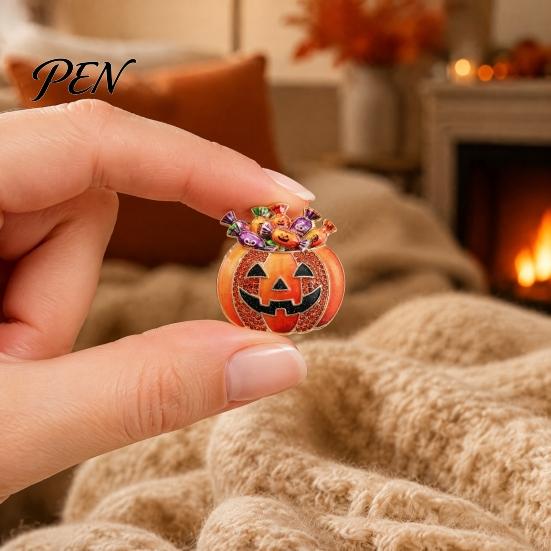 Clothes Decorative Accessory Halloween Pumpkin Candy Bowl Brooch, Rhinestone Holiday Themed Brooch Holder Lapel Pin, Costume Jewelry Clothing