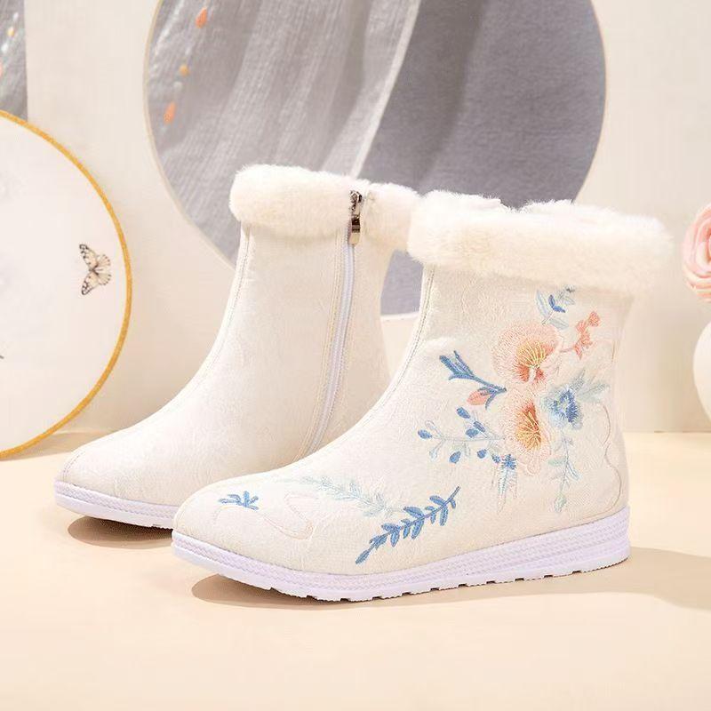 Winter Women's Flat Sole High Top Embroidered Cotton Boots Soft Sole Non Slip Plush Warm Ethnic Style Zippers Hanfu Boots