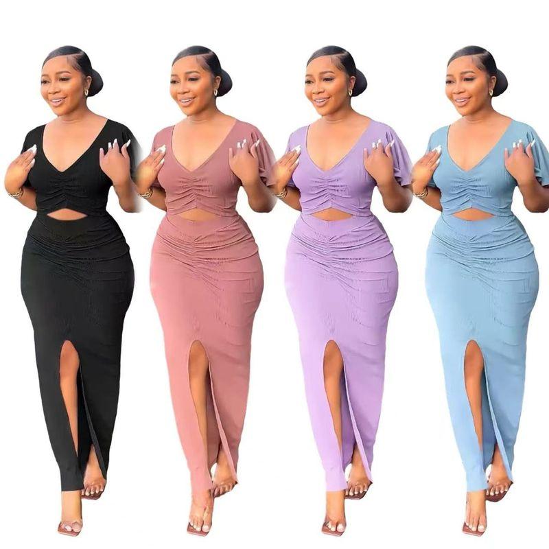 Western Style New Lotus Leaf Sleeve Navel V-neck Top Split Hip Skirt Two-piece Set Top and Skirt Set
