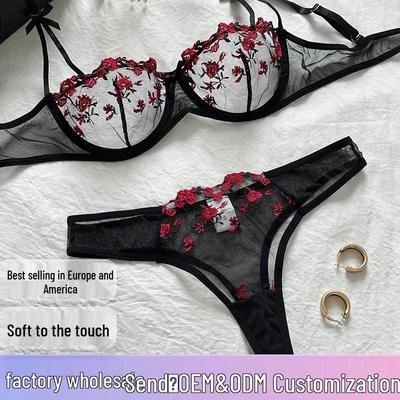 Y-Stil Damen Sexy Tuschemalerei Bestickter Schmetterling Spitzen-BH-Set mit Dünnen Baumwollcups für einen Minimierungseffekt