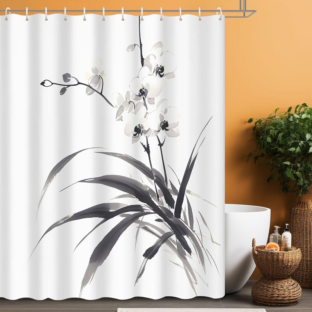1Pc Elegant Orchid Shower Curtain - 72X72", Asian Ink Wash Design, Waterproof, For Home & Hotel Bathrooms