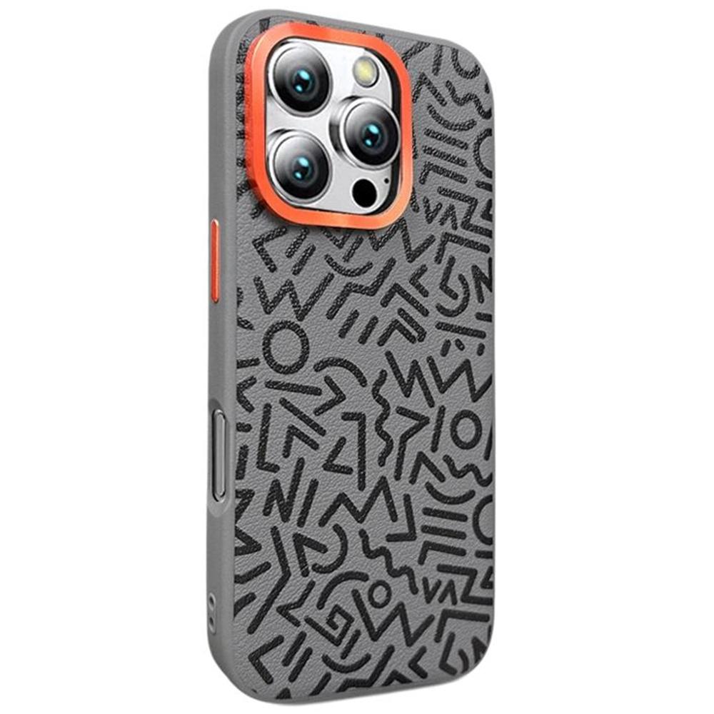 

For iPhone 16 Pro Case Pattern Graffiti PU+PC+TPU Phone Cover with Metal Lens Frame Grey