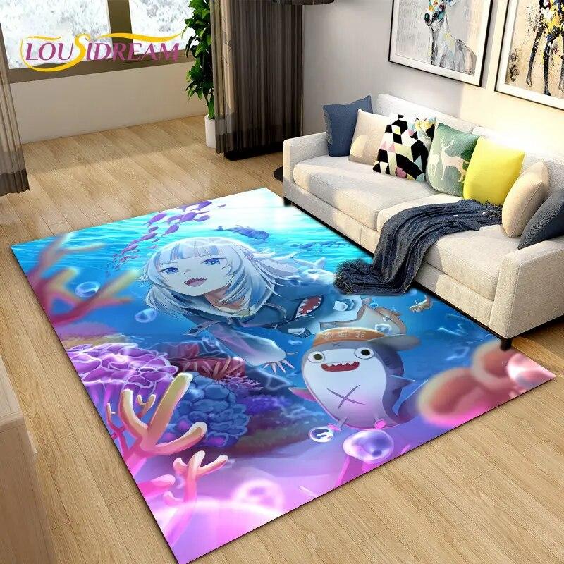 Cute Anime Gawr Gura Hololive Shark Area Rug,Carpet Rug for Living Room Bedroom Sofa Doormat Decoration, Kids Non-slip Floor Mat