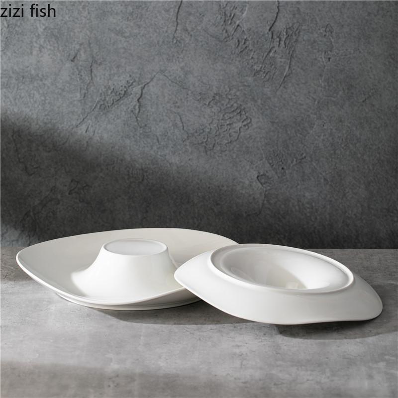 Pure White Irregular Ceramic Dessert Plate Restaurant Thick Soup Plate Pasta Salad Plate Molecular Cuisine Specialty Tableware